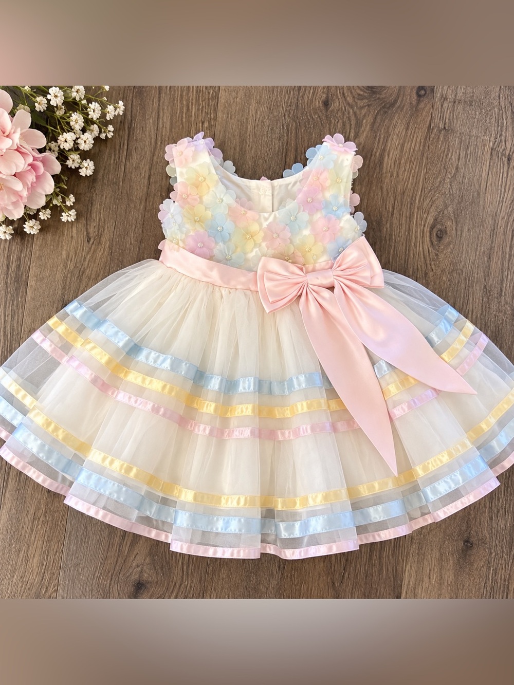 Rare Editions Girls Pastel Rainbow Tulle Flower Girl Dress Size 6-9 Months